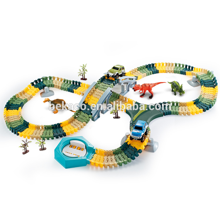 Dinosaur Toys 192Pcs Race Car Flexible Dinosaur Tracks Create a Road Track with Climbing Race Car and Auto U Shape Gear